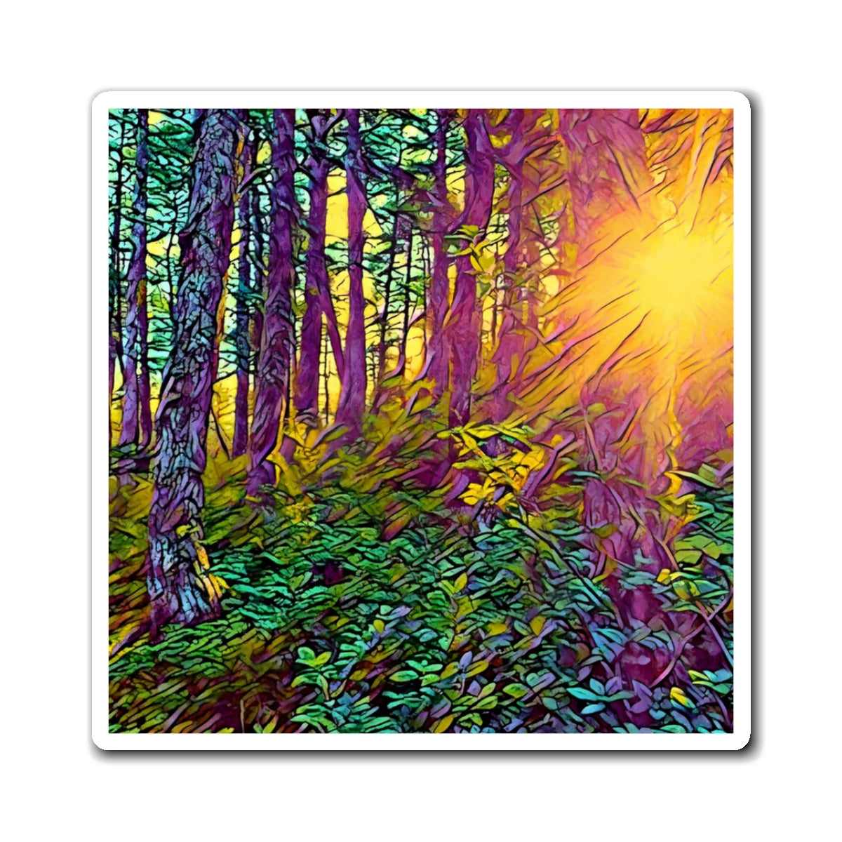 Magnet Forest Sunrise Magnet — Colorful Woodland Sunlight Refrigerator Art