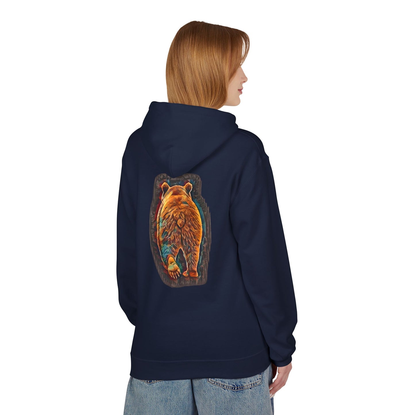 Teal & Bronze Abstract Watercolor Bear, Medium Weight Fleece Hoodie Pullover
