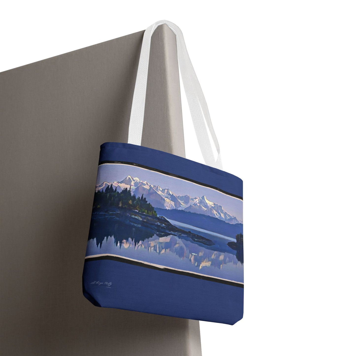 Mountain Glacier Reflection with Abstract Rustic Art –  All-Over Print Large Tote Bag