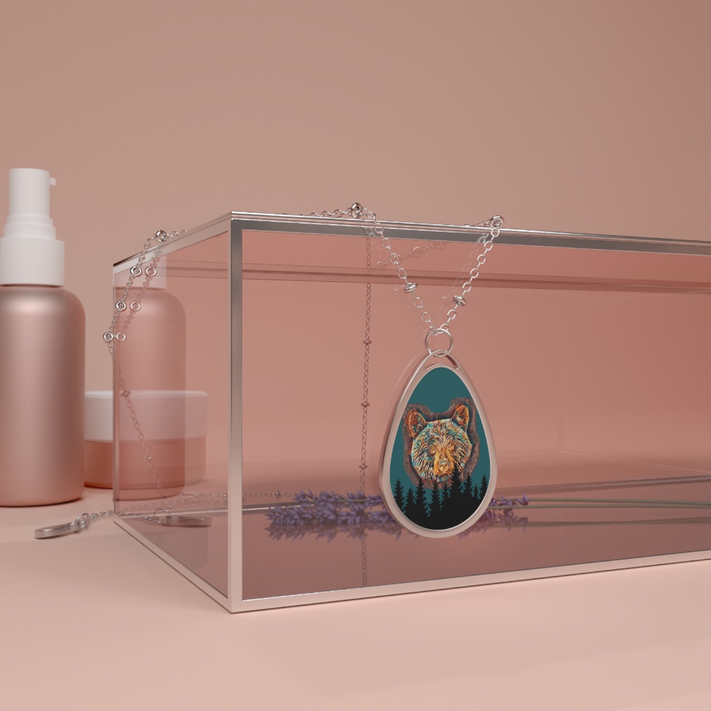 Bear Forest Oval Pendant Necklace — Nature-Inspired Teardrop Jewelry
