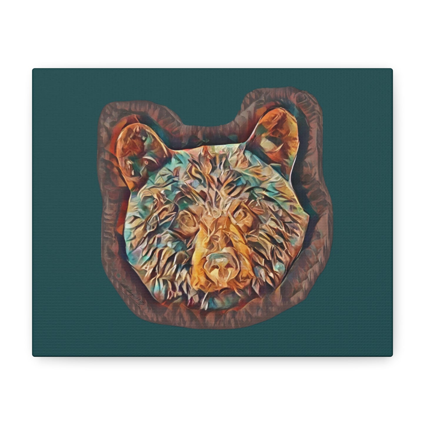 Abstract Bear Head Matte Canvas Wall Art – Teal and Bronze Bear Portrait