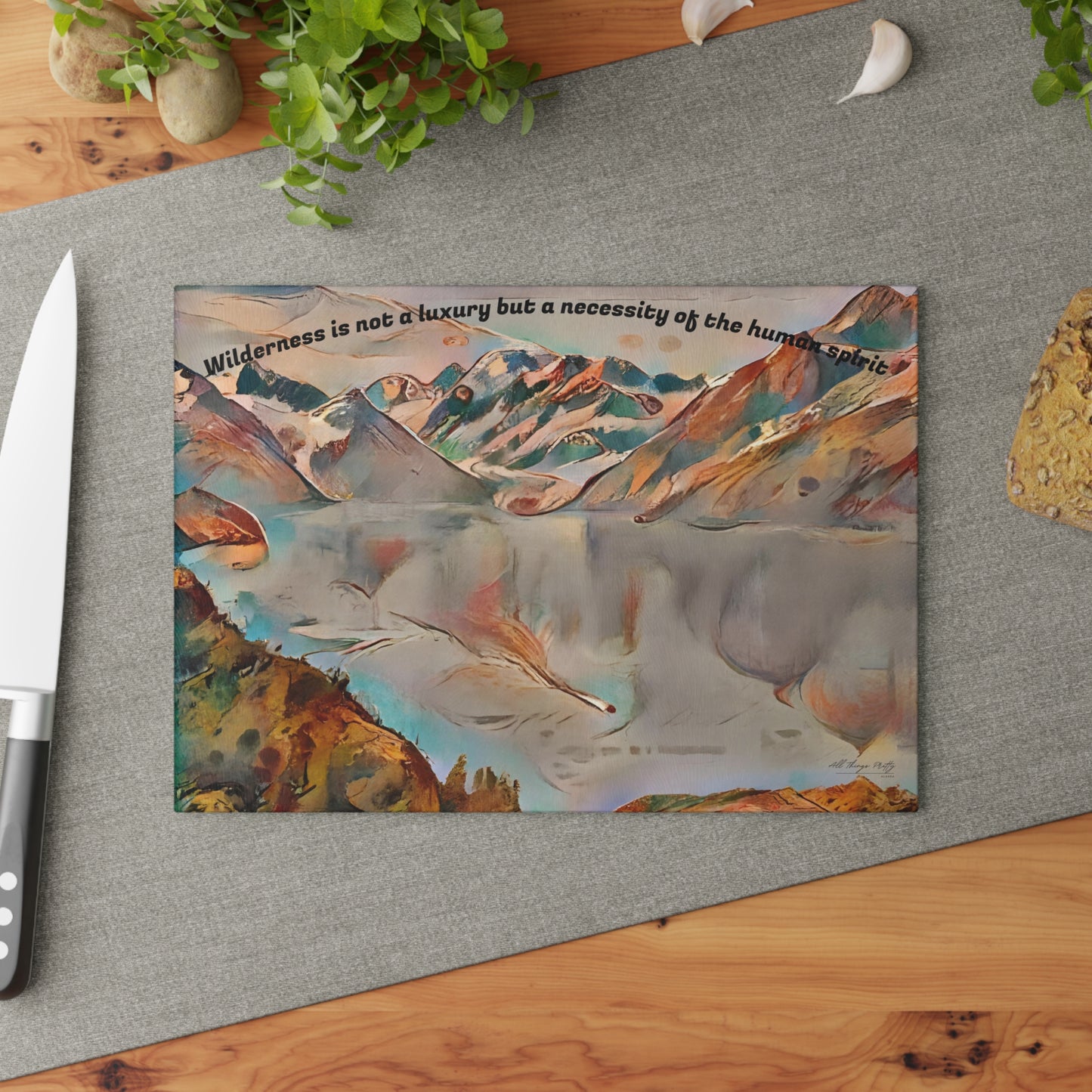 Glass Cutting Board with Mountain Glacier Abstract Art — "Wilderness is not a luxury" Scenic Kitchen Décor