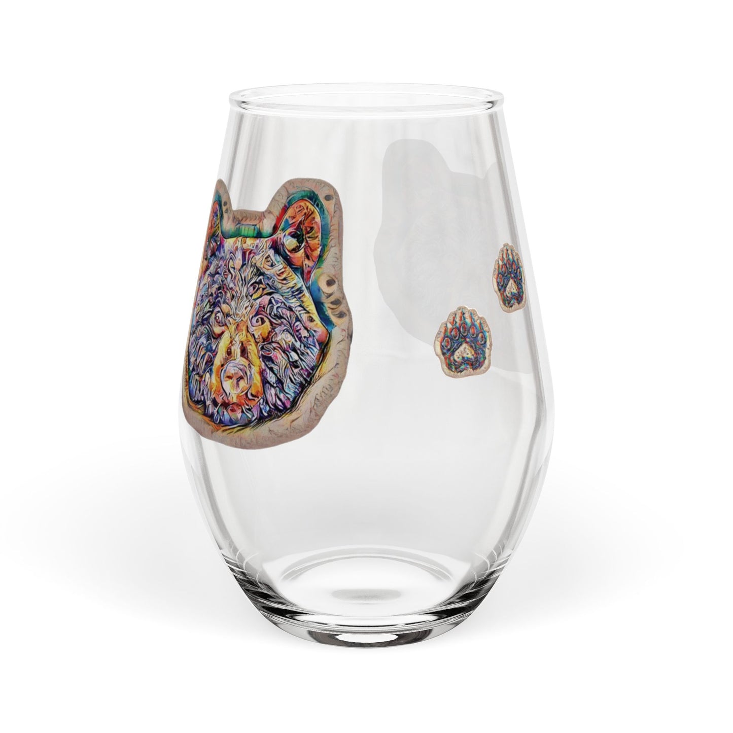 Bear Paw Stemless Wine Glass — Colorful Bear Head & Paw Print 11.75oz