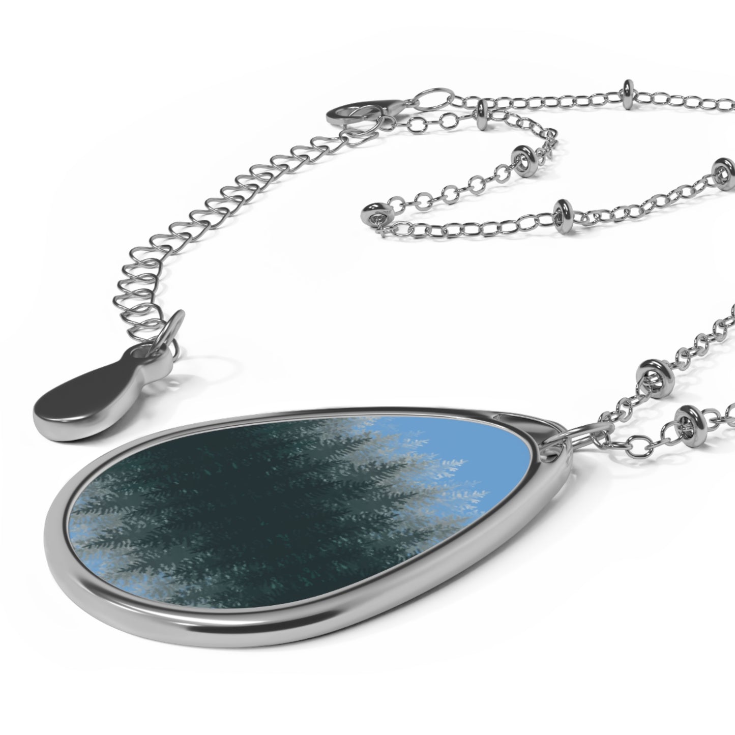 Forest Reflection Sunset Blue Oval Necklace — Teardrop Pendant