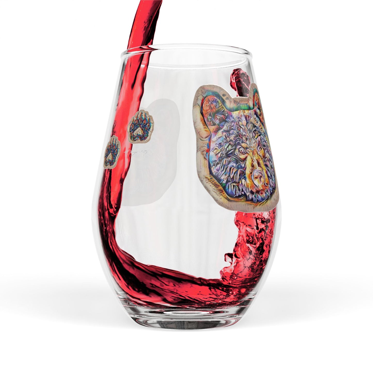 Bear Paw Stemless Wine Glass — Colorful Bear Head & Paw Print 11.75oz