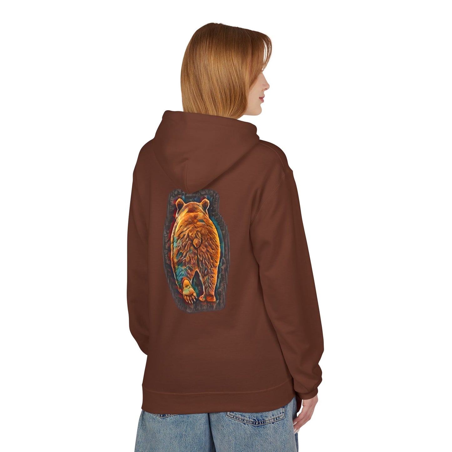 Teal & Bronze Abstract Watercolor Bear, Medium Weight Fleece Hoodie Pullover