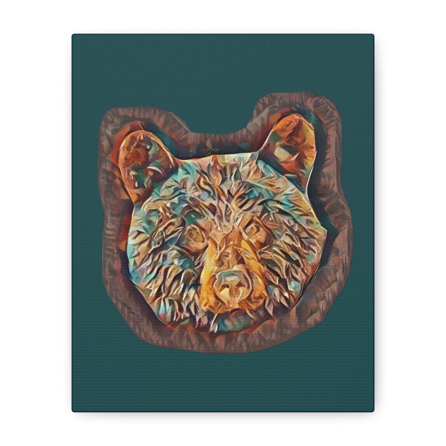 Abstract Bear Head Matte Canvas Wall Art – Teal and Bronze Bear Portrait