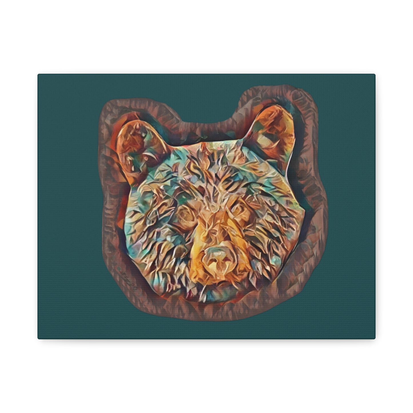 Abstract Bear Head Matte Canvas Wall Art – Teal and Bronze Bear Portrait