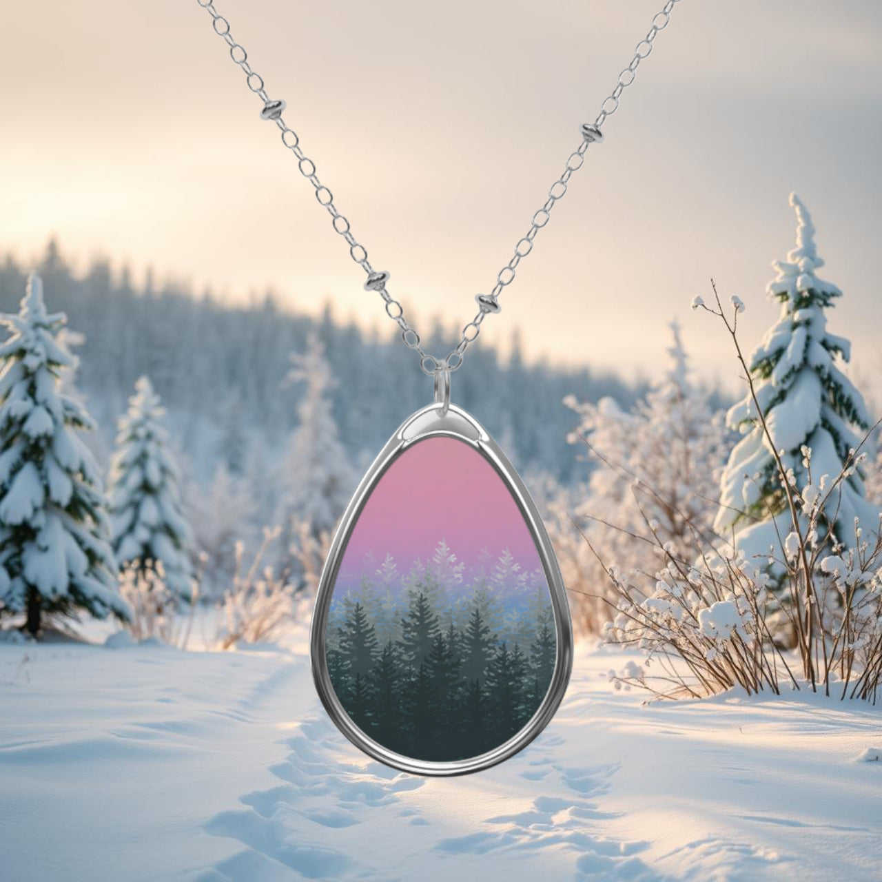 Teardrop Necklace – Pink Sunset Winter Forest Reflection Alpenglow Pendant