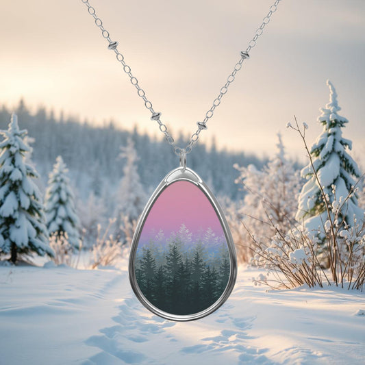 Teardrop Necklace – Pink Sunset Winter Forest Reflection Alpenglow Pendant