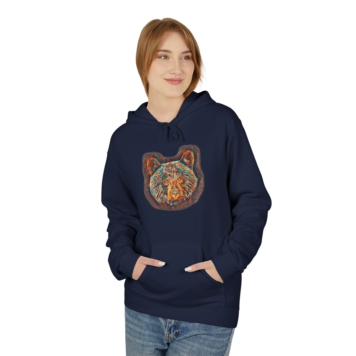 Teal & Bronze Abstract Watercolor Bear, Medium Weight Fleece Hoodie Pullover
