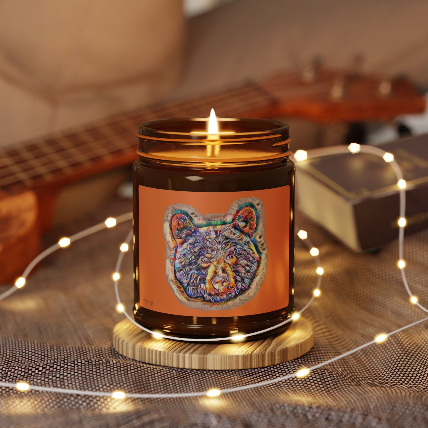 Spirit Hobo Bear Scented Soy Candle — Amber Jar Abstract Watercolor Rustic Art