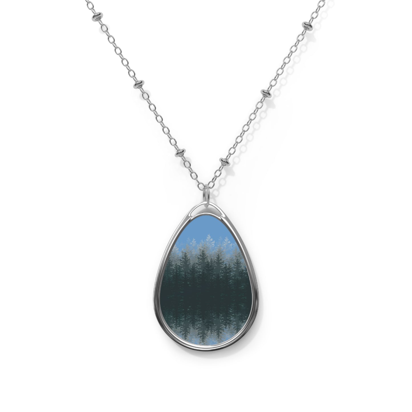 Forest Reflection Sunset Blue Oval Necklace — Teardrop Pendant