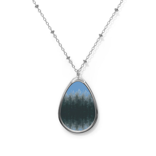 Forest Reflection Sunset Blue Oval Necklace — Teardrop Pendant