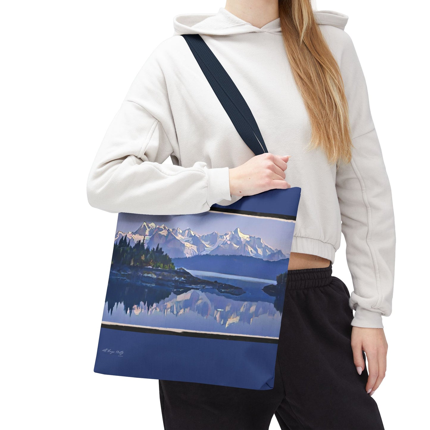 Mountain Glacier Reflection with Abstract Rustic Art –  All-Over Print Large Tote Bag