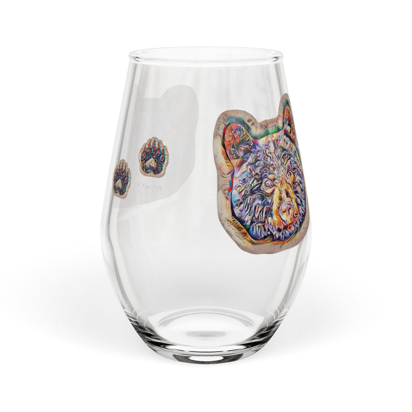 Bear Paw Stemless Wine Glass — Colorful Bear Head & Paw Print 11.75oz