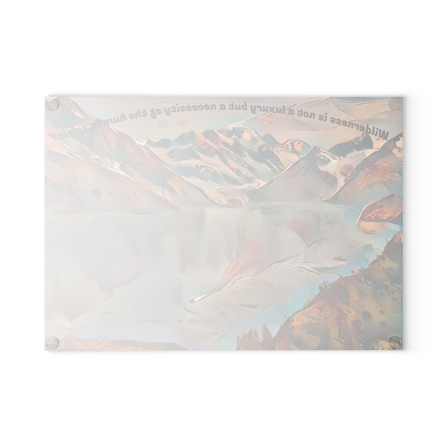 Glass Cutting Board with Mountain Glacier Abstract Art — "Wilderness is not a luxury" Scenic Kitchen Décor
