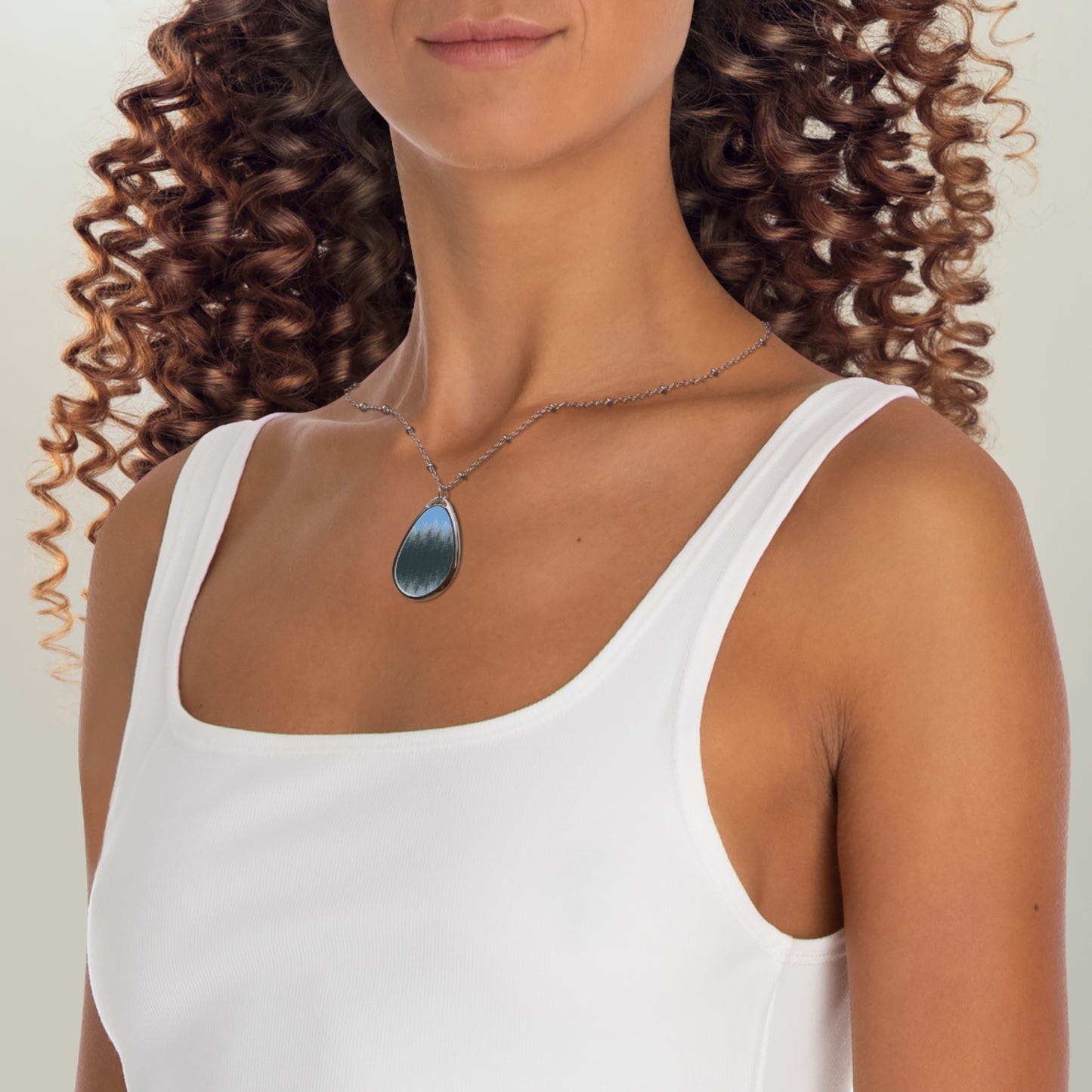 Forest Reflection Sunset Blue Oval Necklace — Teardrop Pendant