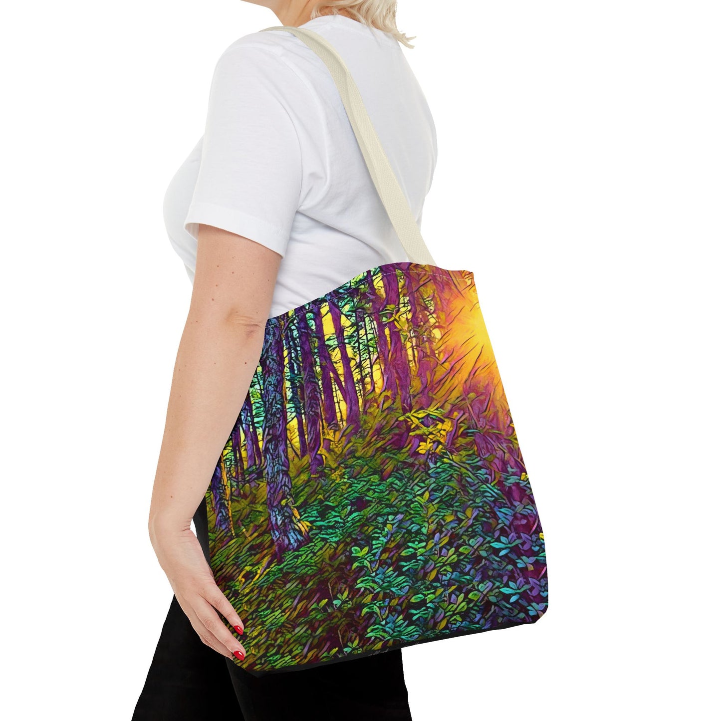 Sunlit Forest Tote Bag — Vibrant Nature Wilderness Abstract Art
