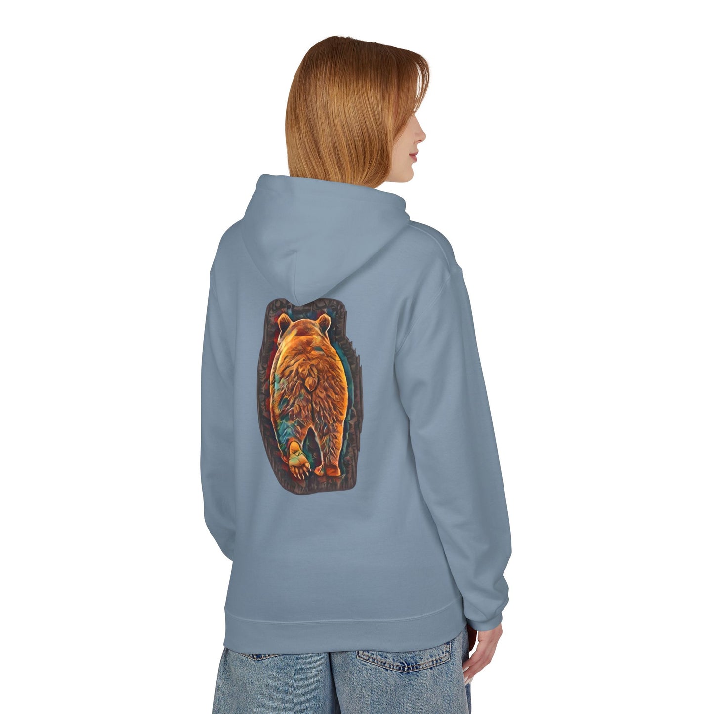 Teal & Bronze Abstract Watercolor Bear, Medium Weight Fleece Hoodie Pullover