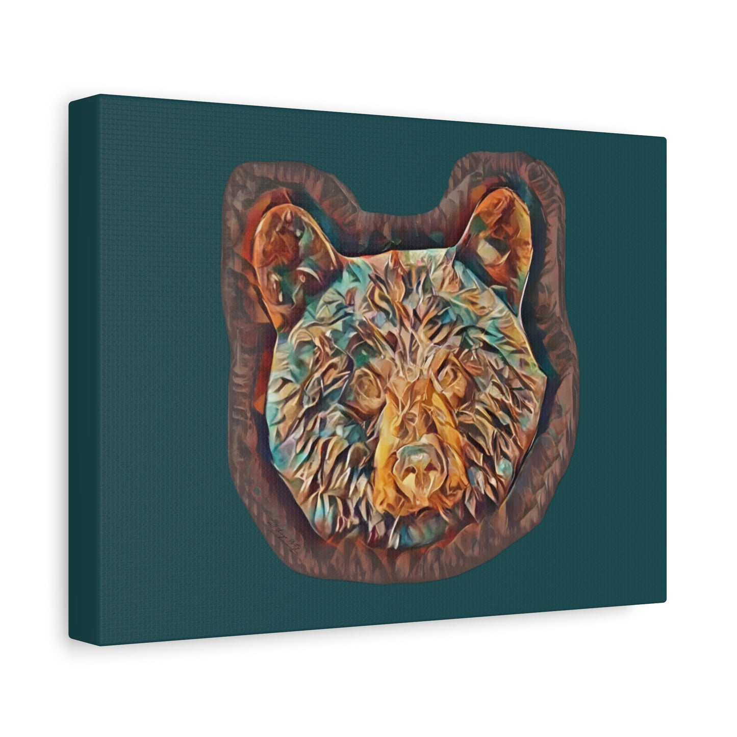 Abstract Bear Head Matte Canvas Wall Art – Teal and Bronze Bear Portrait
