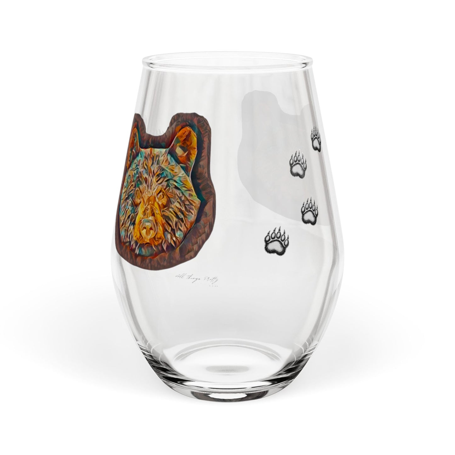 Bear Paw Stemless Wine Glass — Teal Bear Face & Paw Print 11.75oz