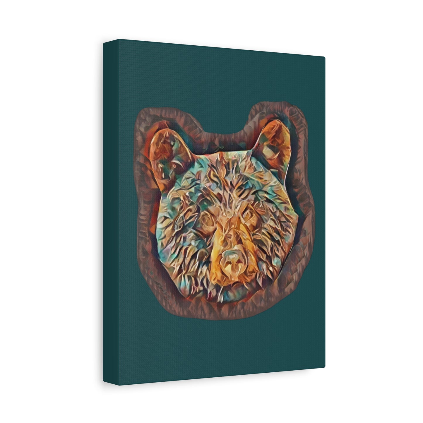 Abstract Bear Head Matte Canvas Wall Art – Teal and Bronze Bear Portrait