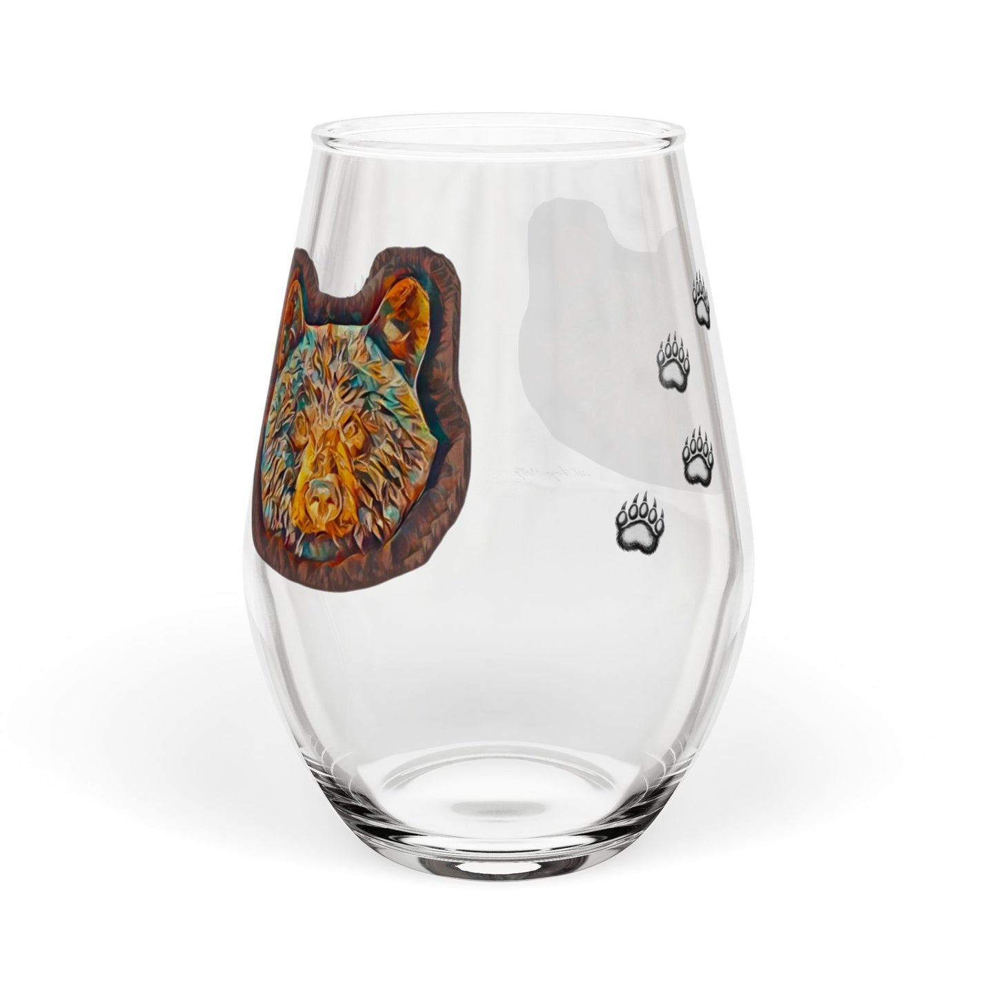 Bear Paw Stemless Wine Glass — Teal Bear Face & Paw Print 11.75oz