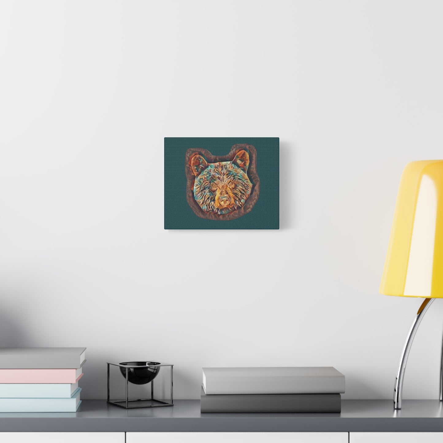 Abstract Bear Head Matte Canvas Wall Art – Teal and Bronze Bear Portrait