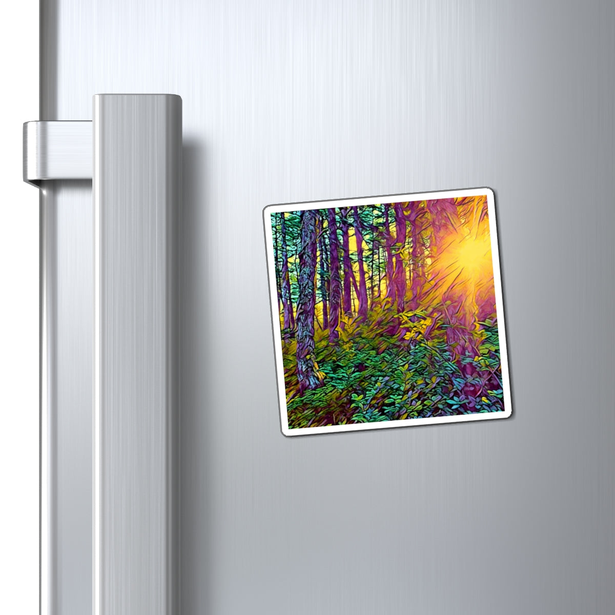 Magnet Forest Sunrise Magnet — Colorful Woodland Sunlight Refrigerator Art