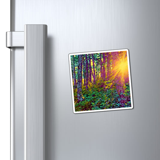 Magnet Forest Sunrise Magnet — Colorful Woodland Sunlight Refrigerator Art