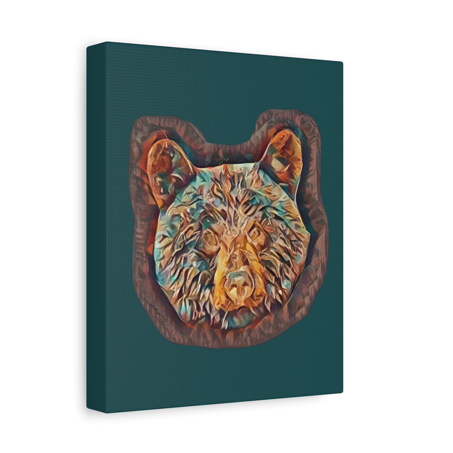 Abstract Bear Head Matte Canvas Wall Art – Teal and Bronze Bear Portrait