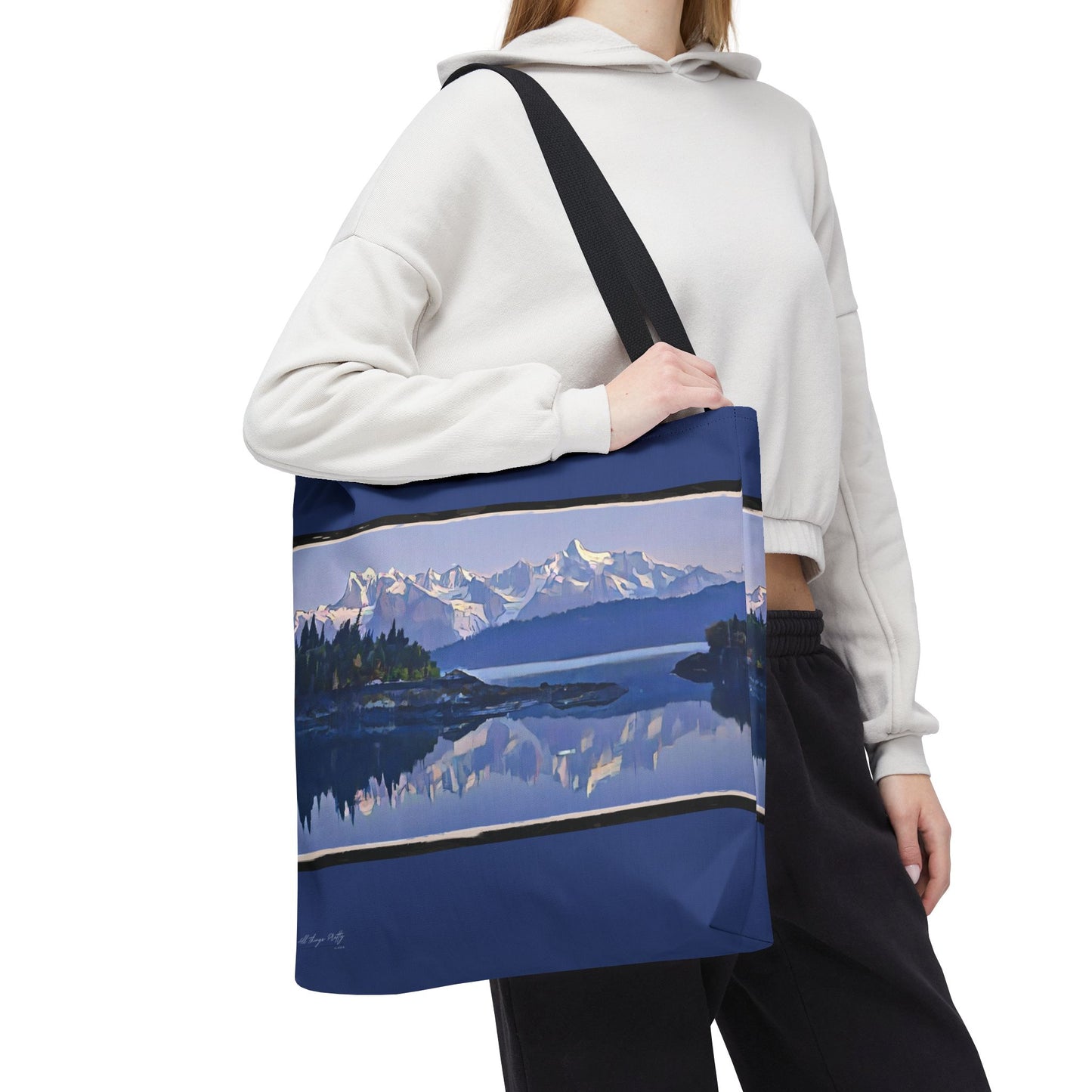 Mountain Glacier Reflection with Abstract Rustic Art –  All-Over Print Large Tote Bag