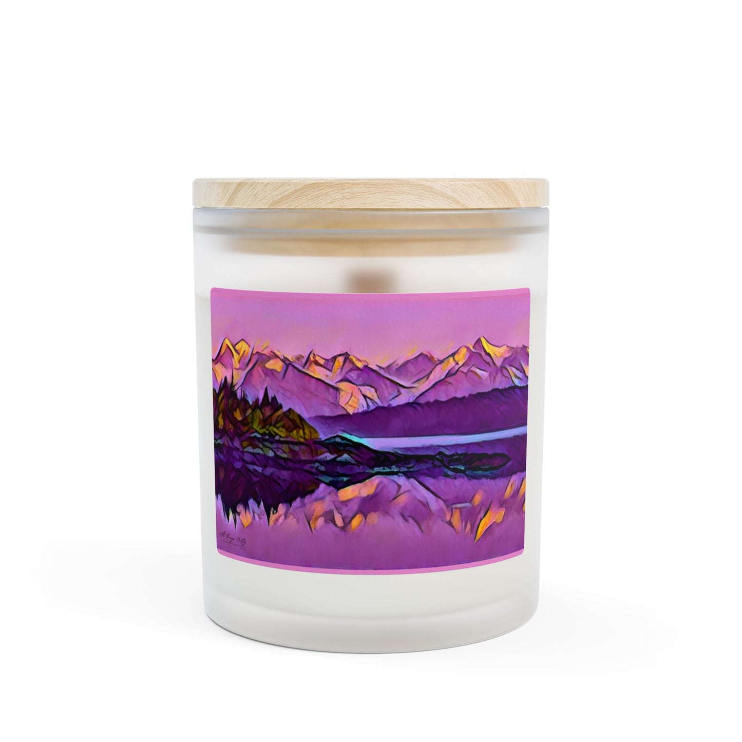 11oz Frosted Glass Scented Candle — Purple Mountain Glacier Ocean Landscape Wilderness Art
