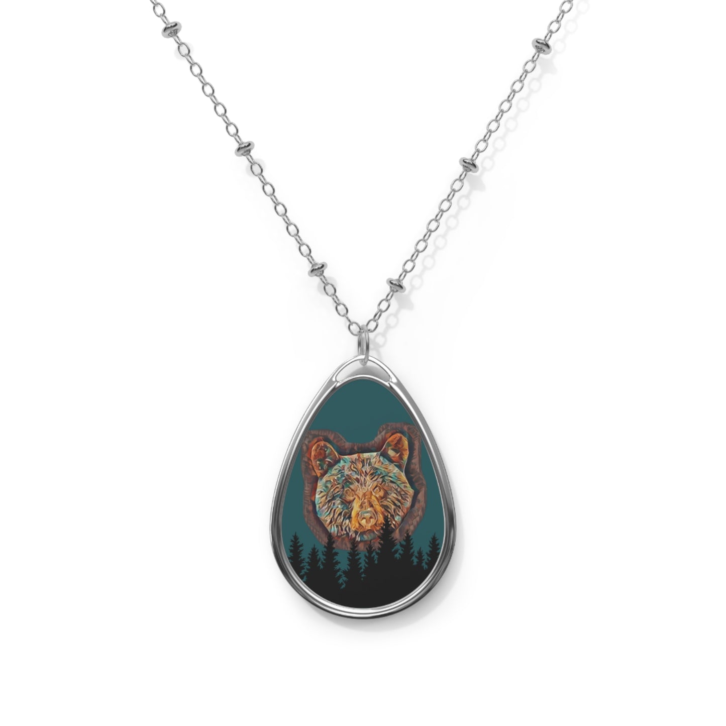 Bear Forest Oval Pendant Necklace — Nature-Inspired Teardrop Jewelry