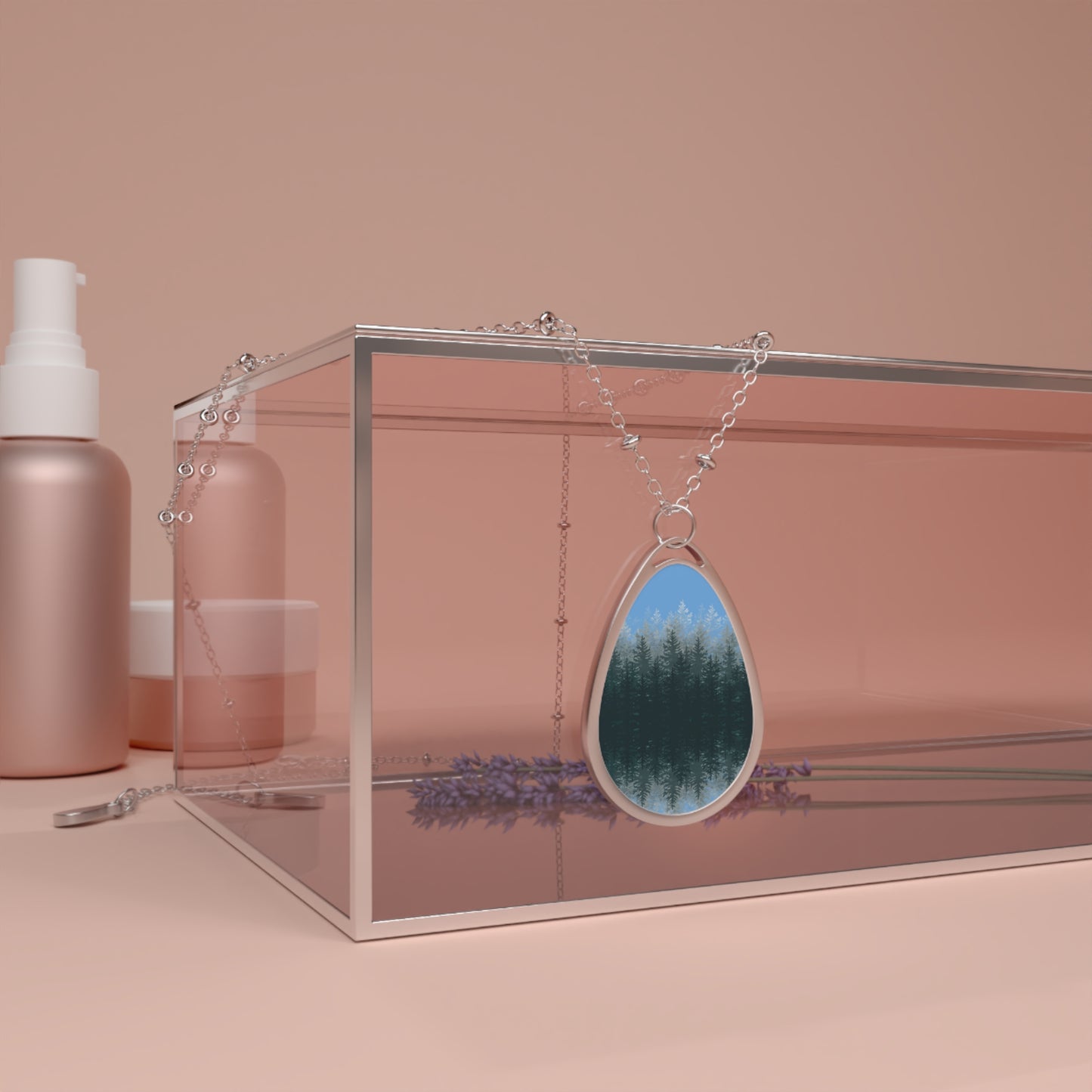 Forest Reflection Sunset Blue Oval Necklace — Teardrop Pendant