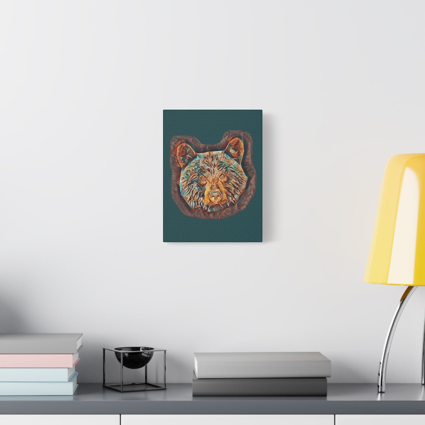 Abstract Bear Head Matte Canvas Wall Art – Teal and Bronze Bear Portrait