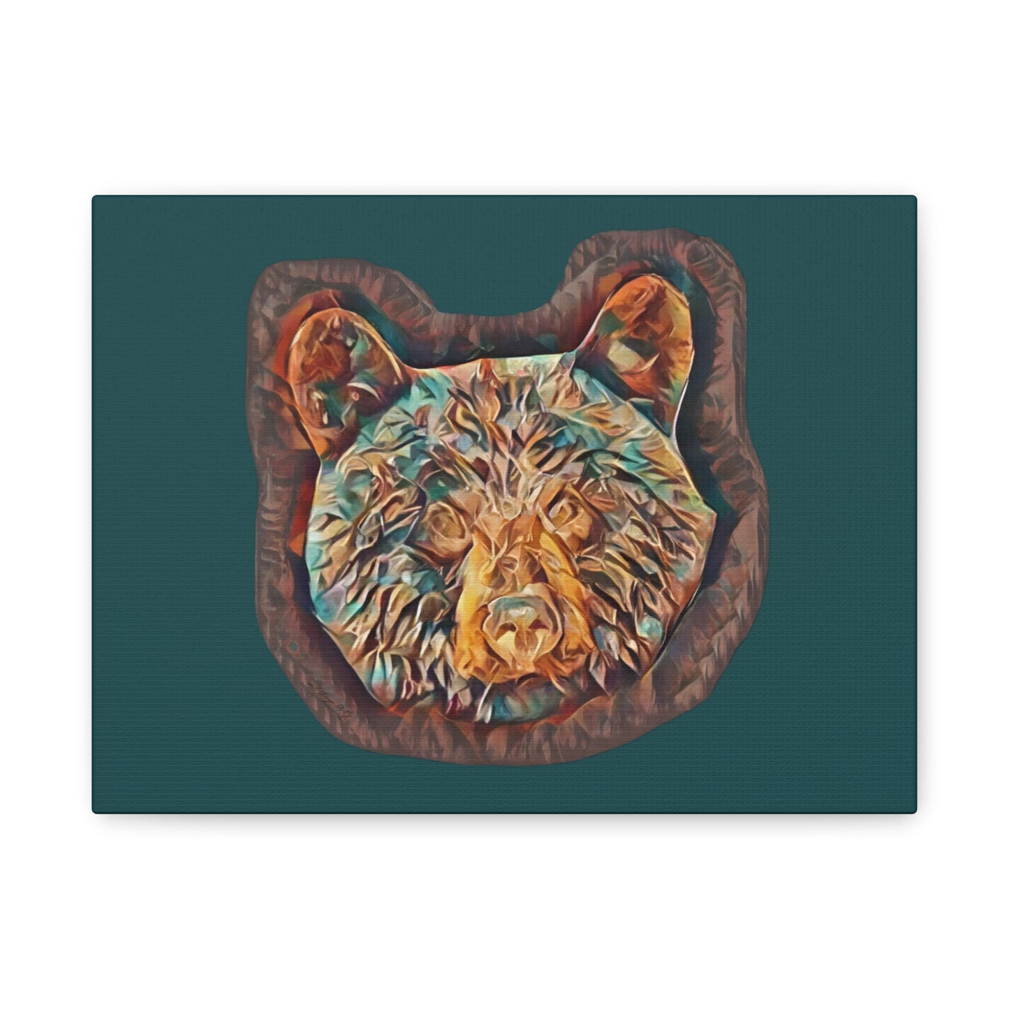 Abstract Bear Head Matte Canvas Wall Art – Teal and Bronze Bear Portrait