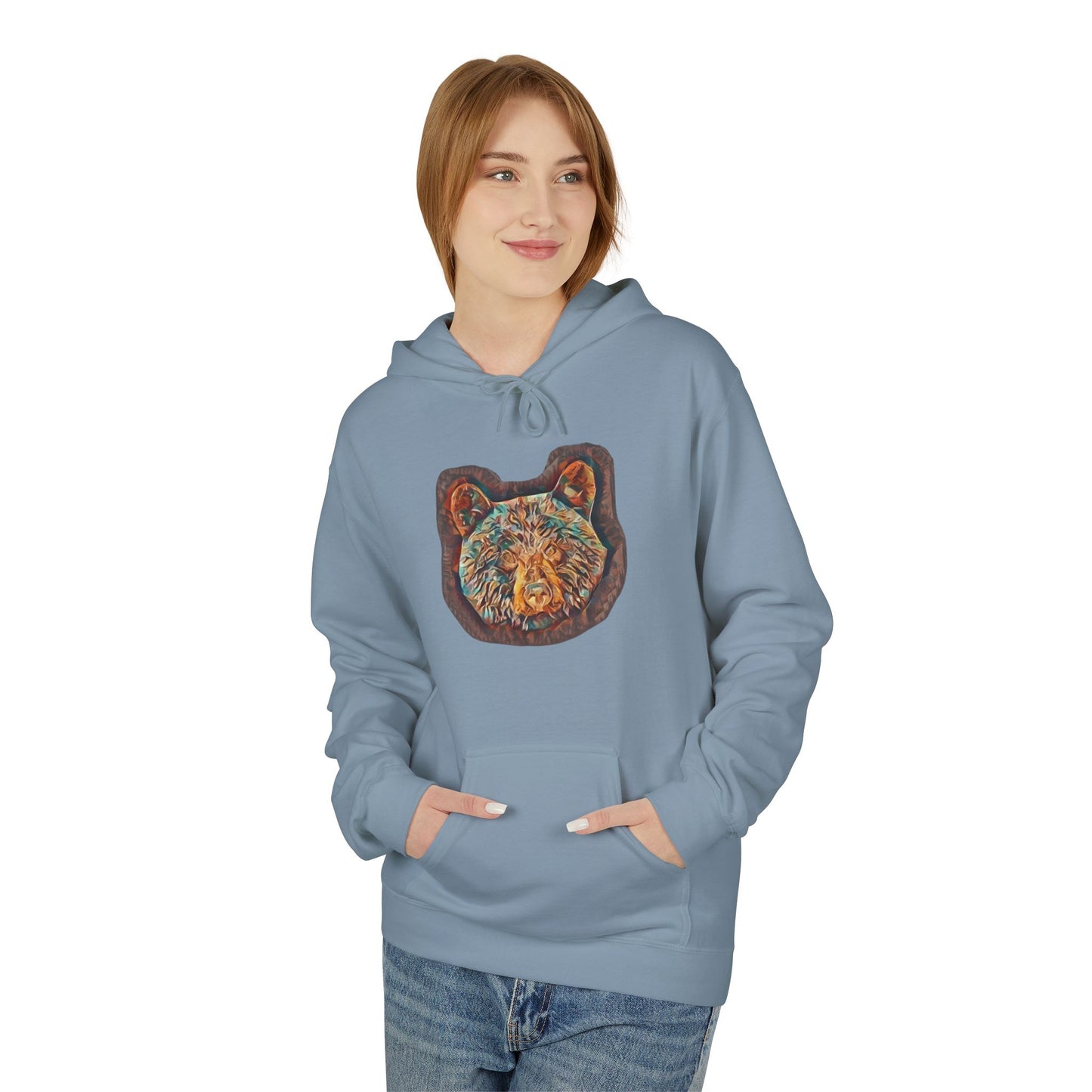 Teal & Bronze Abstract Watercolor Bear, Medium Weight Fleece Hoodie Pullover