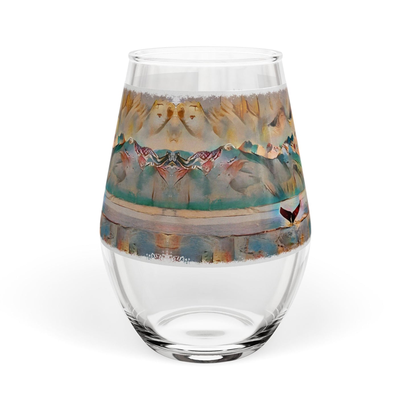 Whale Tail Stemless 11.75oz Wine Glass — Coastal Mountain Art with Inspirational Quote