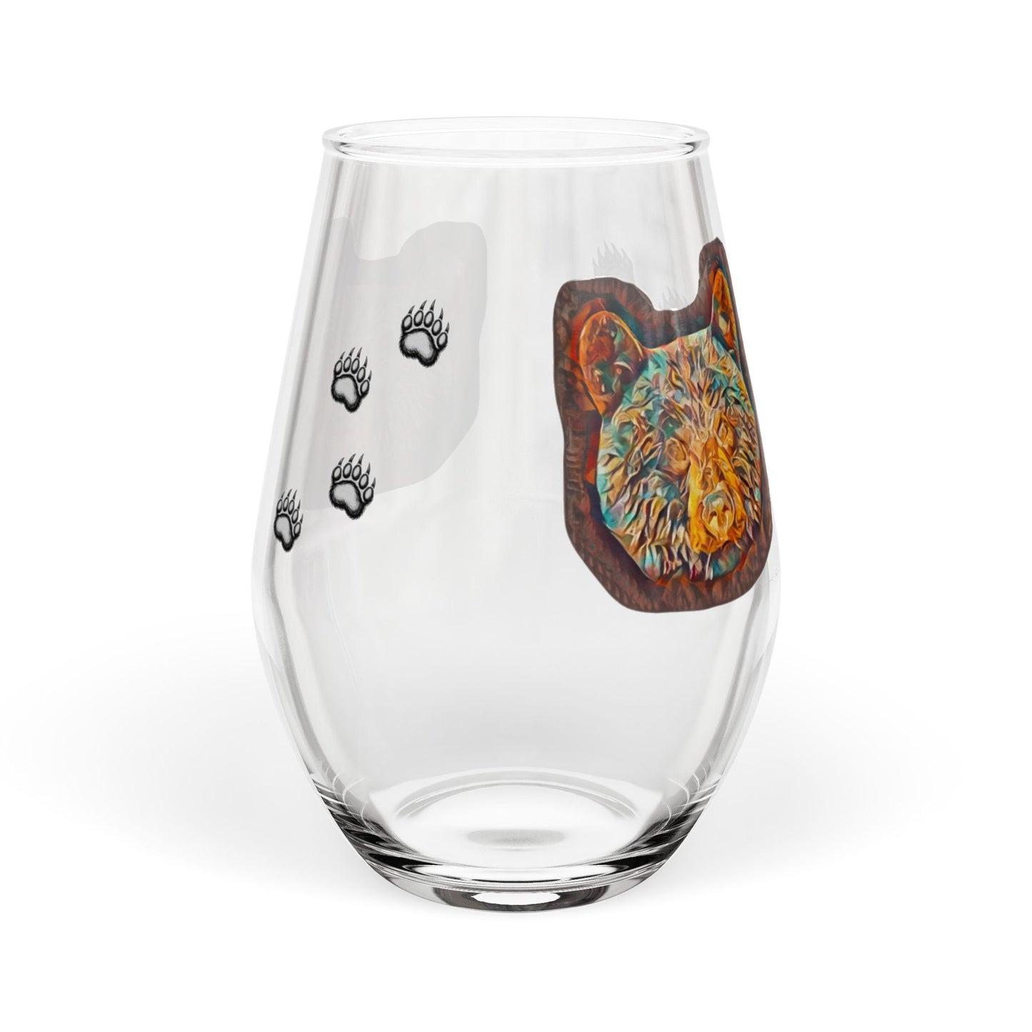 Bear Paw Stemless Wine Glass — Teal Bear Face & Paw Print 11.75oz