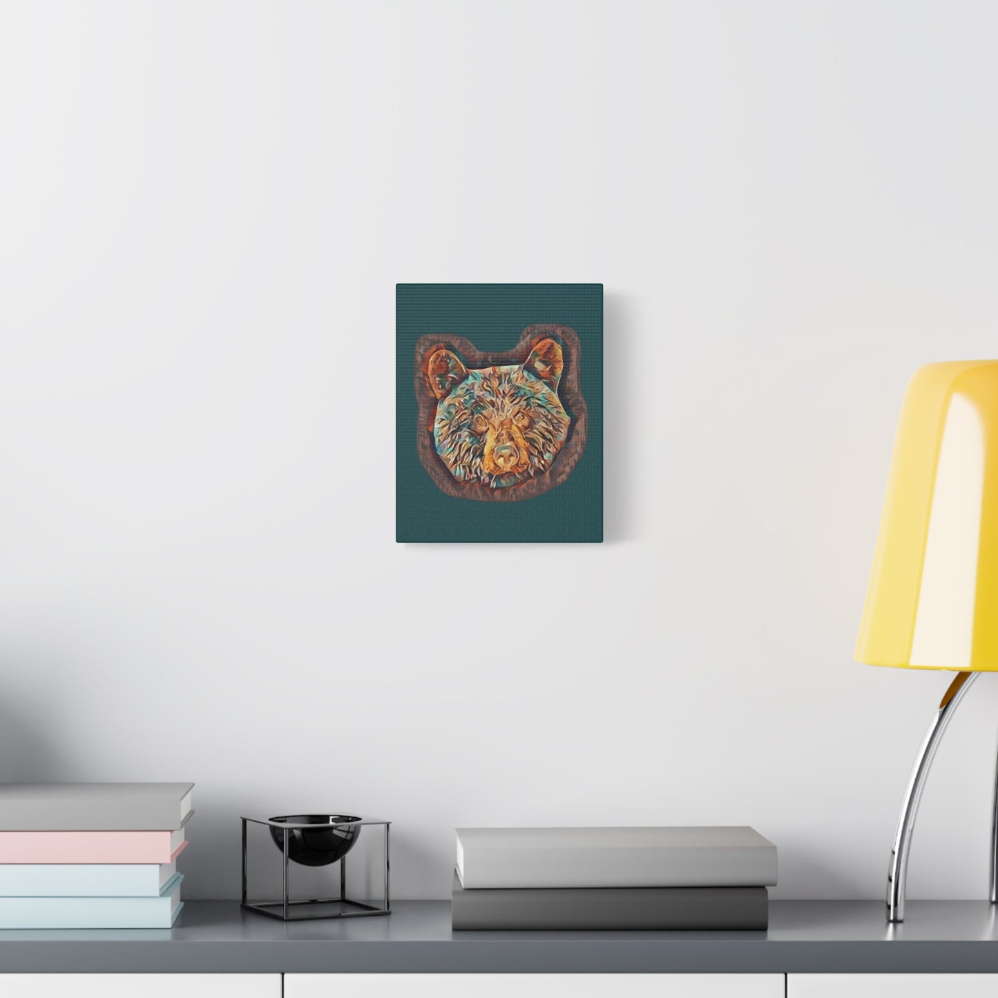 Abstract Bear Head Matte Canvas Wall Art – Teal and Bronze Bear Portrait