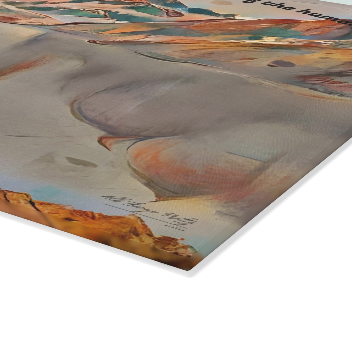 Glass Cutting Board with Mountain Glacier Abstract Art — "Wilderness is not a luxury" Scenic Kitchen Décor