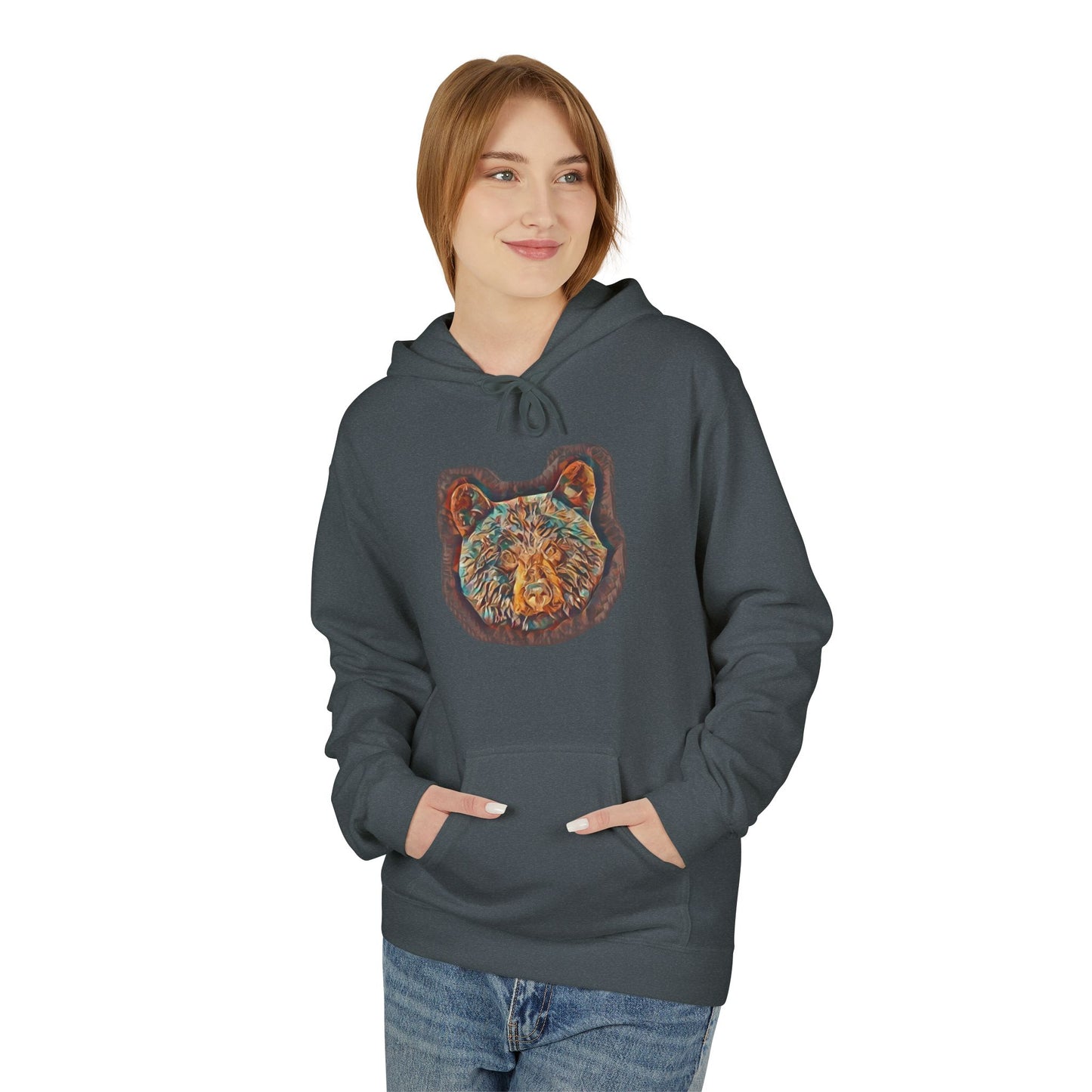 Teal & Bronze Abstract Watercolor Bear, Medium Weight Fleece Hoodie Pullover