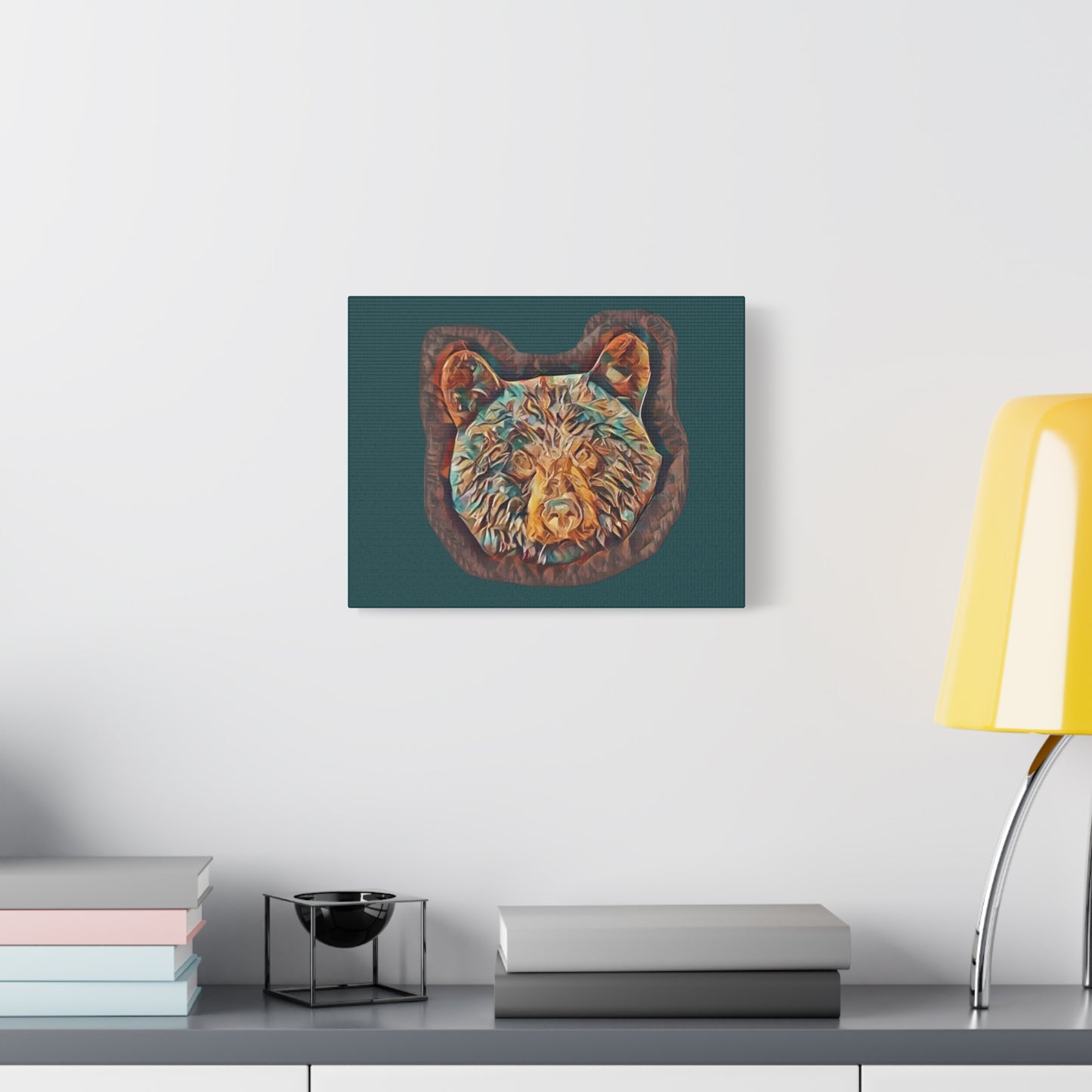 Abstract Bear Head Matte Canvas Wall Art – Teal and Bronze Bear Portrait