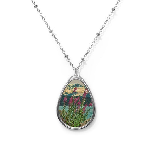 Fireweed Oval Pendant Necklace — Wildflower Nature Scenic Teardrop