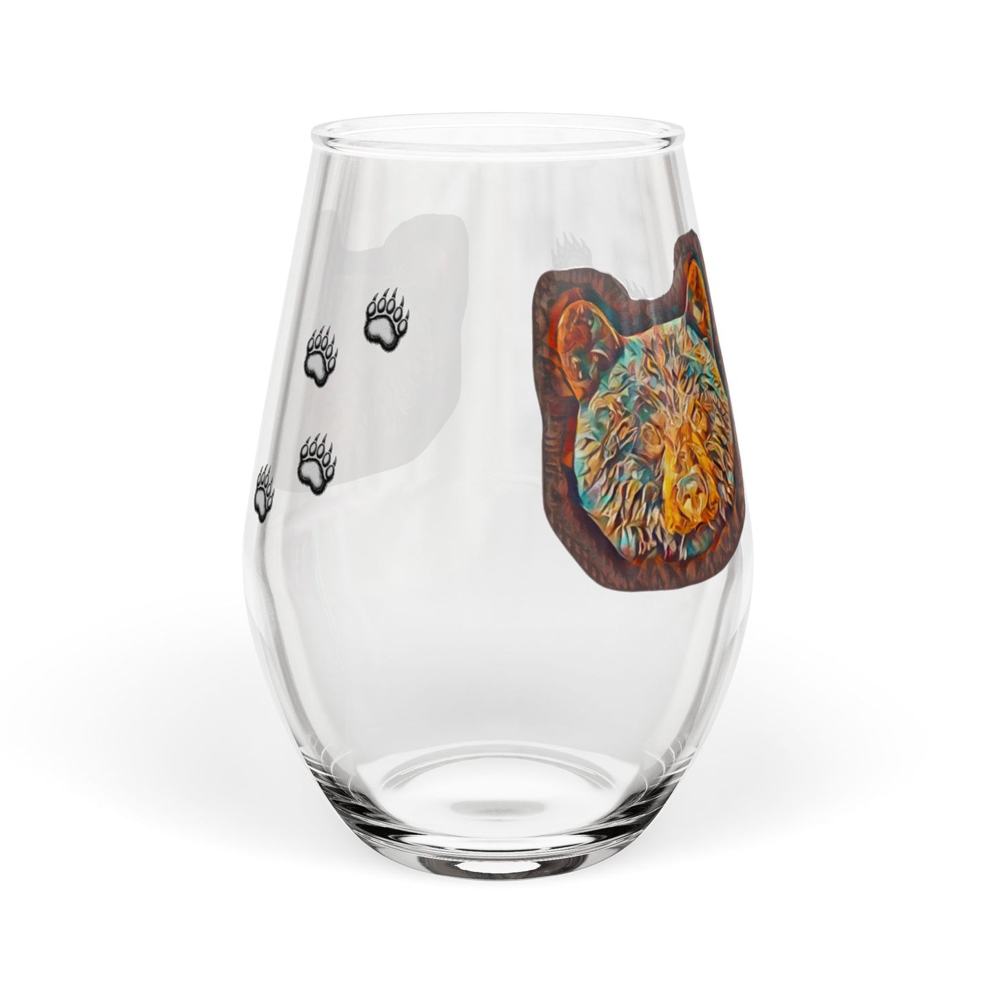 Bear Paw Stemless Wine Glass — Teal Bear Face & Paw Print 11.75oz