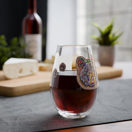 Bear Paw Stemless Wine Glass — Colorful Bear Head & Paw Print 11.75oz
