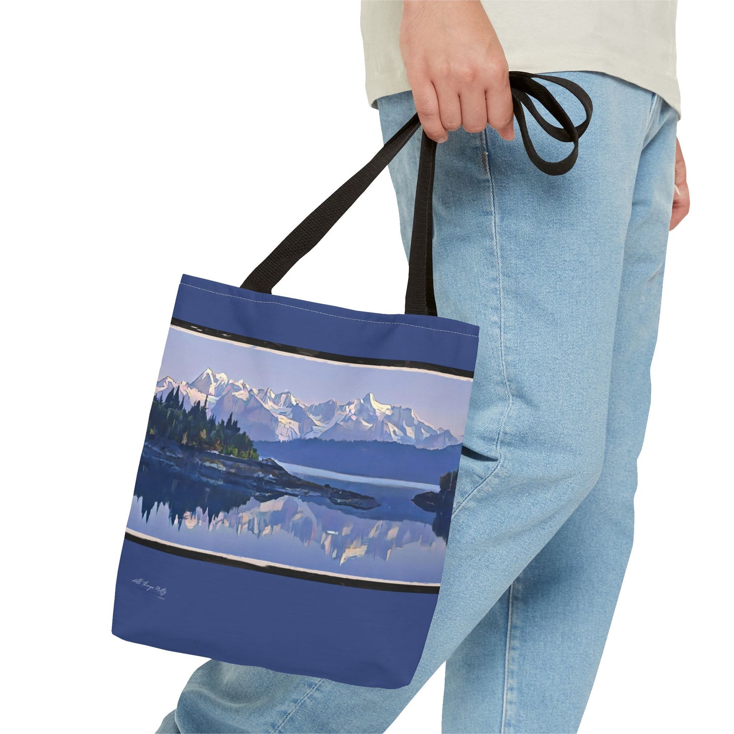Mountain Glacier Reflection with Abstract Rustic Art –  All-Over Print Large Tote Bag