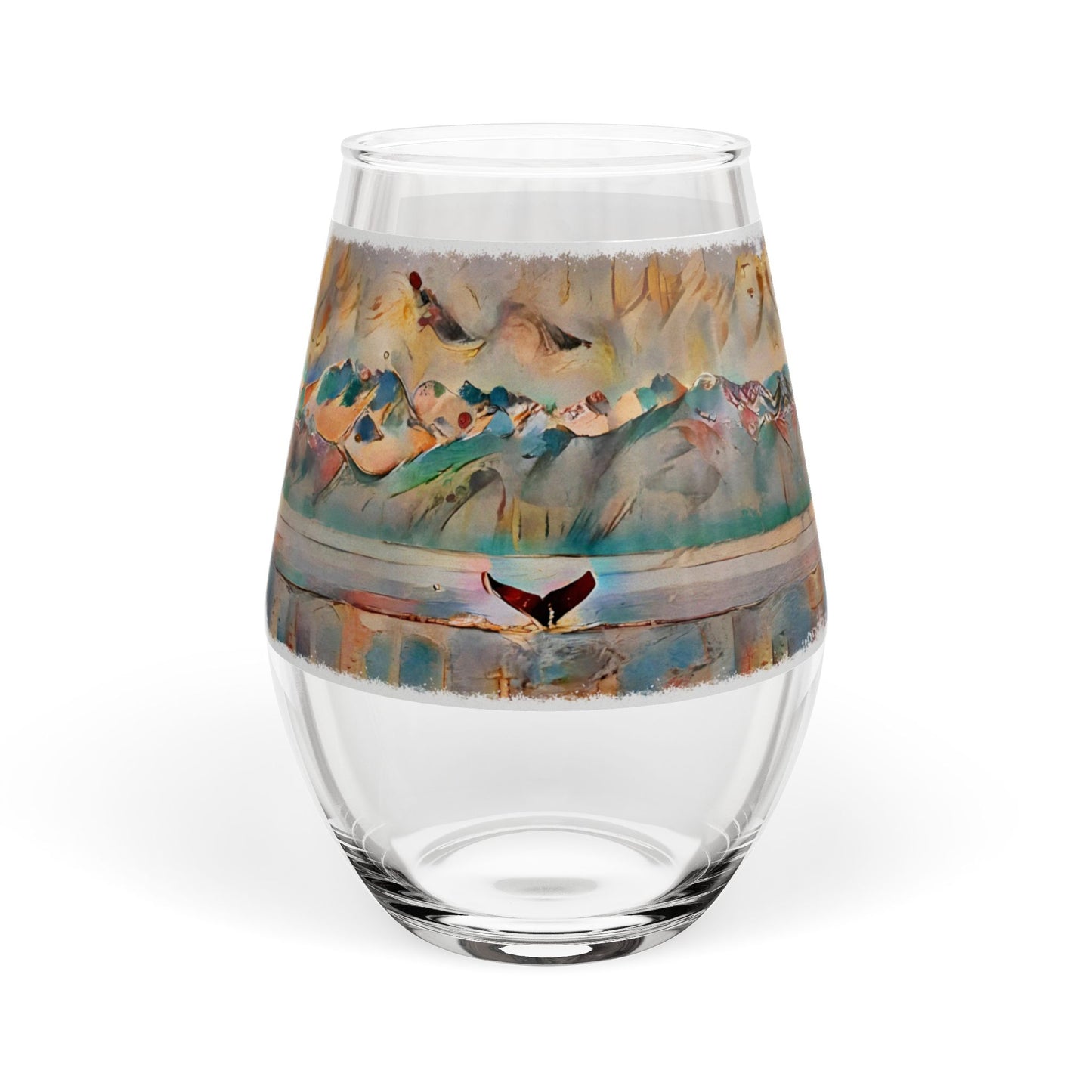 Whale Tail Stemless 11.75oz Wine Glass — Coastal Mountain Art with Inspirational Quote
